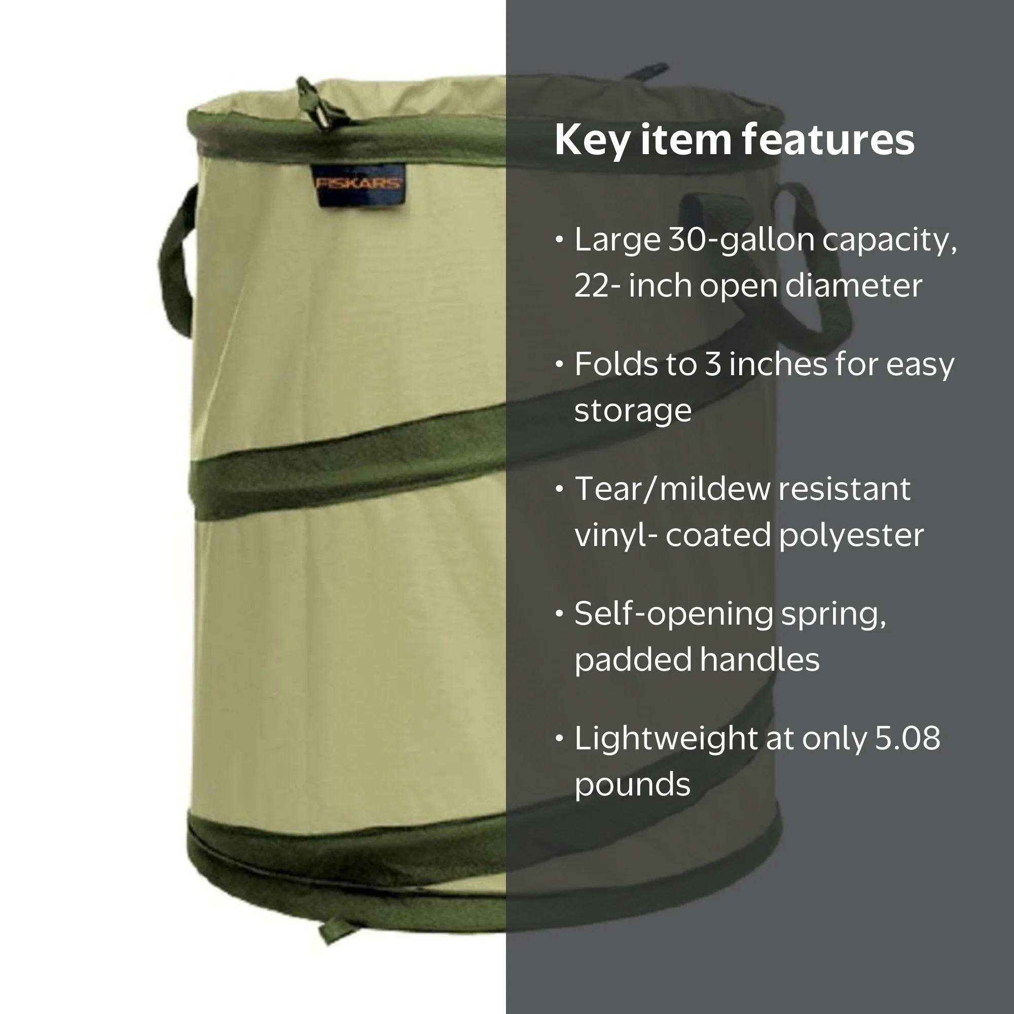 Fiskars Kangaroo 30 Gal Gardening Bag, Tear-Resistant Vinyl, Space