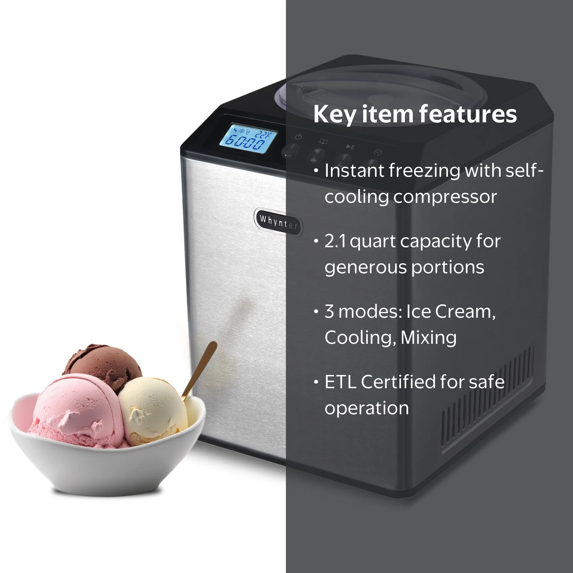 Whynter, Ice Cream Maker, ICM-201SB, 2.1 Quart Upright Stainless