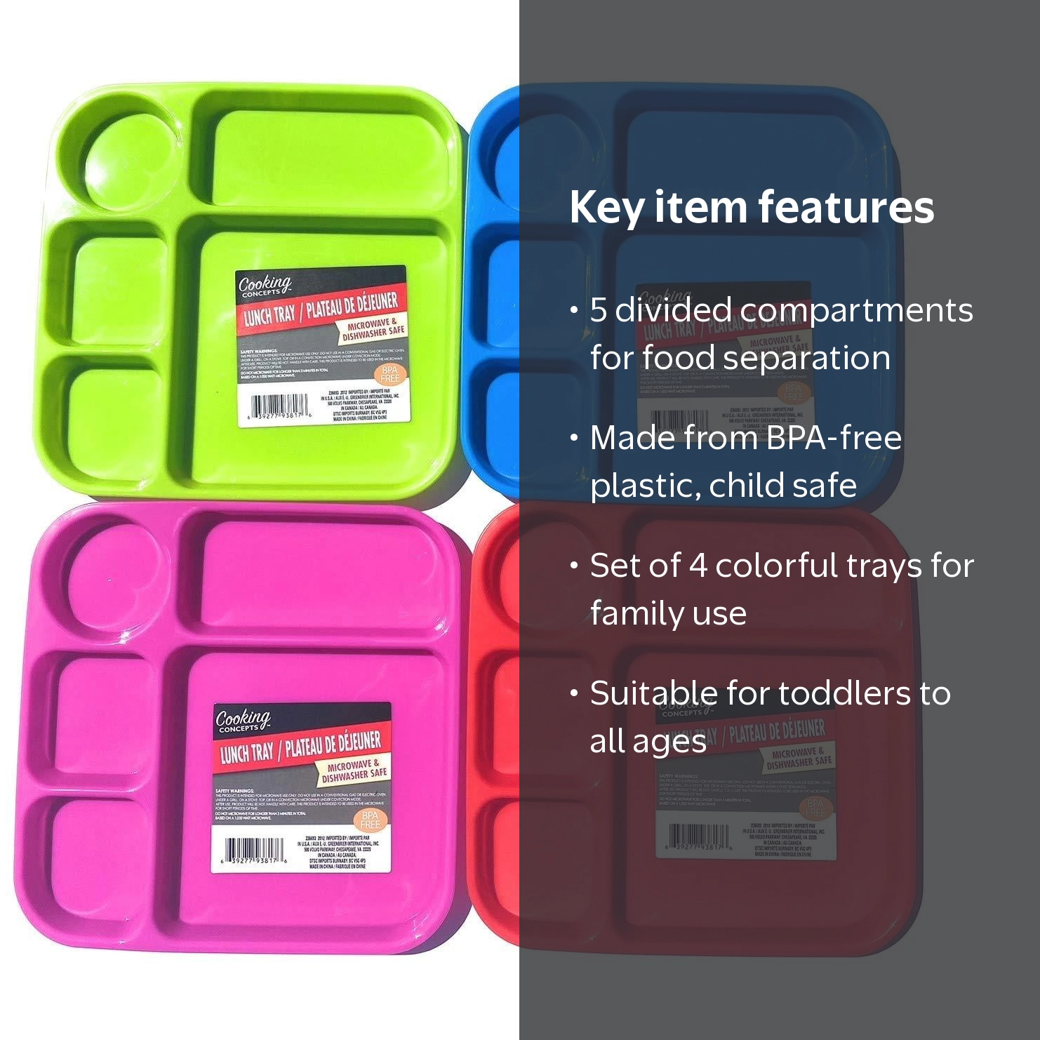 Cooking Concepts Divided Lunch Tray, 4 Set, Microwave Safe, 5