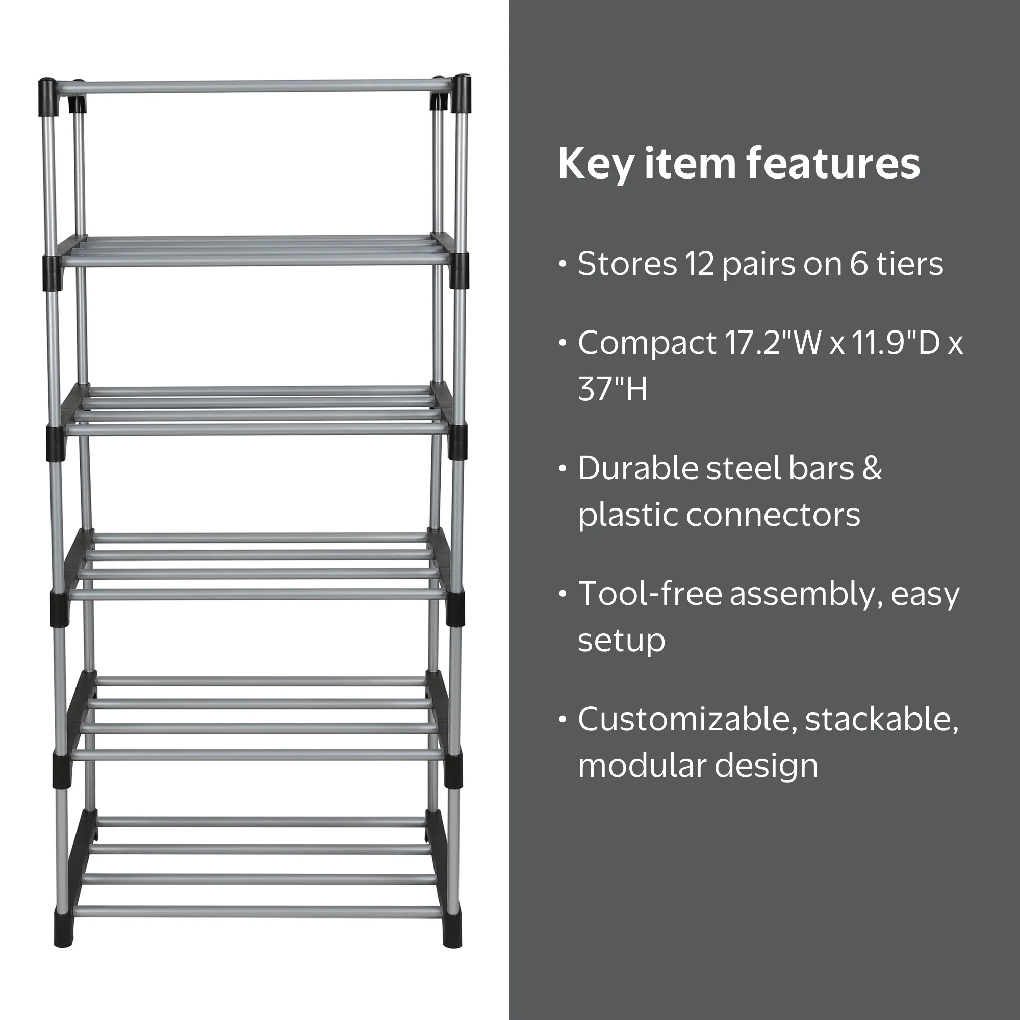 Mainstays Shoe Rack, 6 Tier, Black and Silver, Holds Up to 8 Pairs
