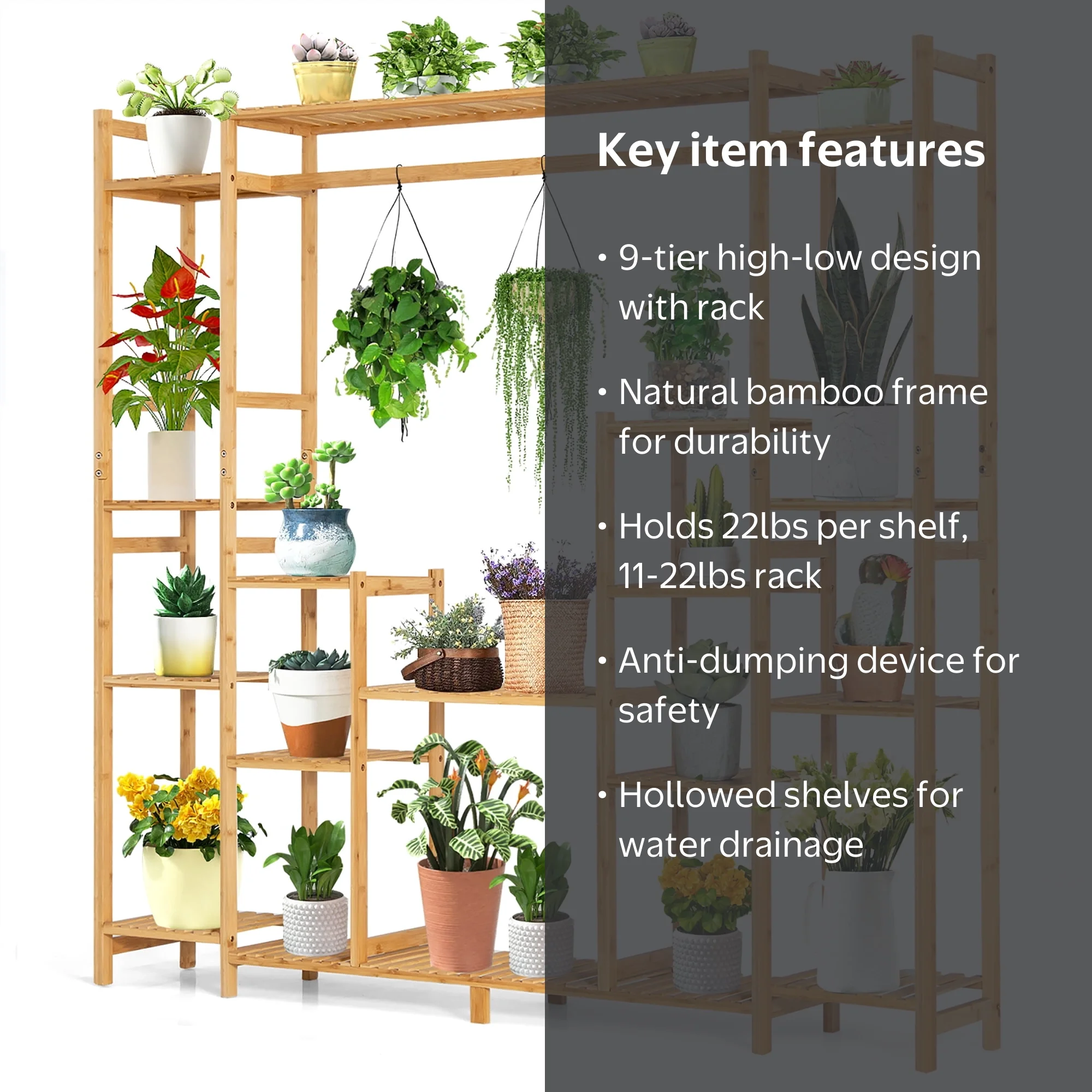 Costway 9-Tier Bamboo Plant Stand, 66'' x 12'' x 65.5'' Natural