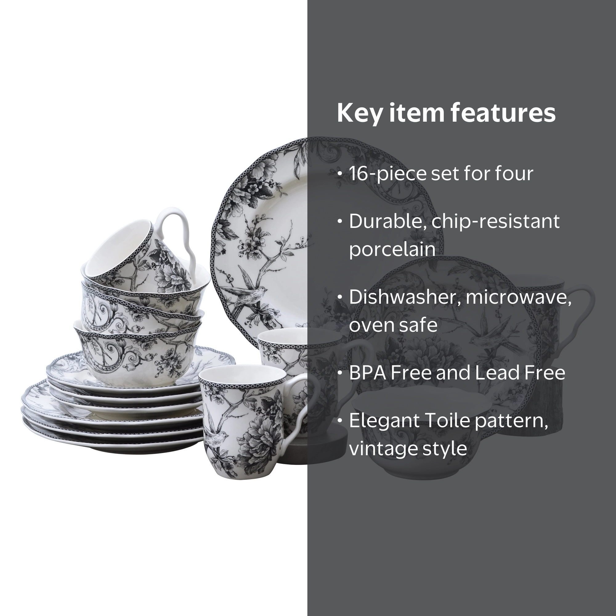 222 Fifth, Adelaide Round 16-Piece Dinnerware Set, Black Toile