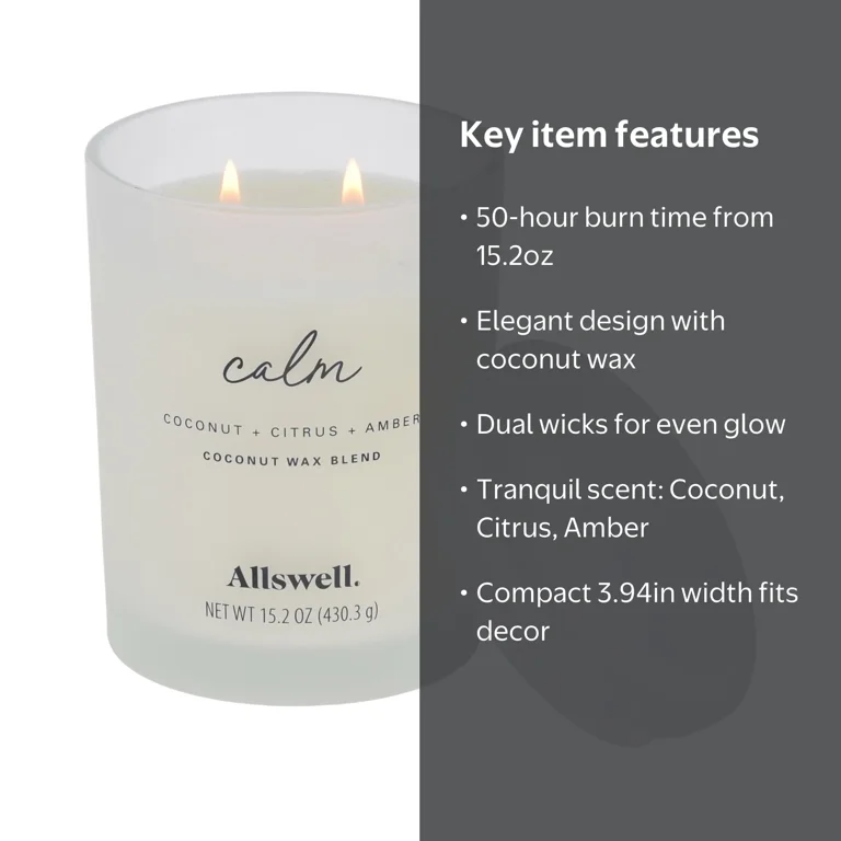 Allswell Calm Coconut Citrus Amber Scented 2-Wick Spa Candle 15.2