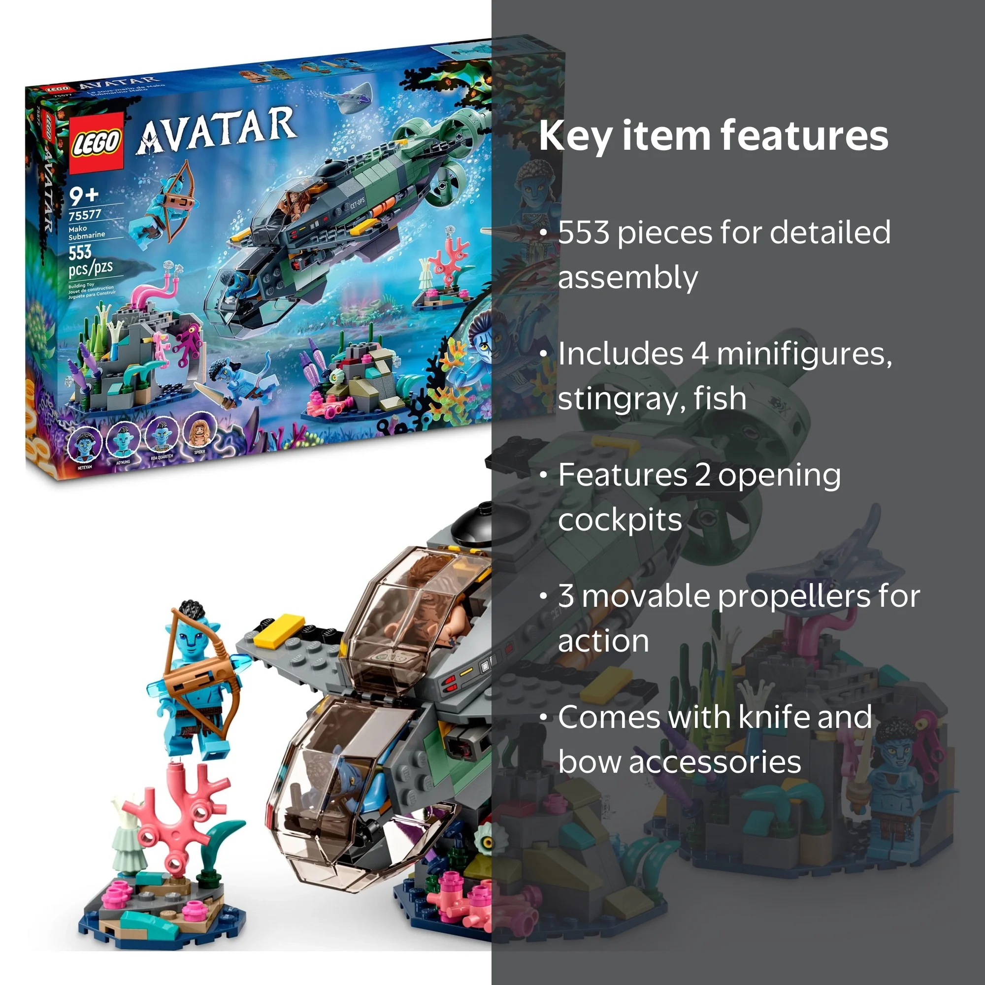 Mako LEGO Avatar Mako Submarine 75577, Underwater Toy with Alien Fish