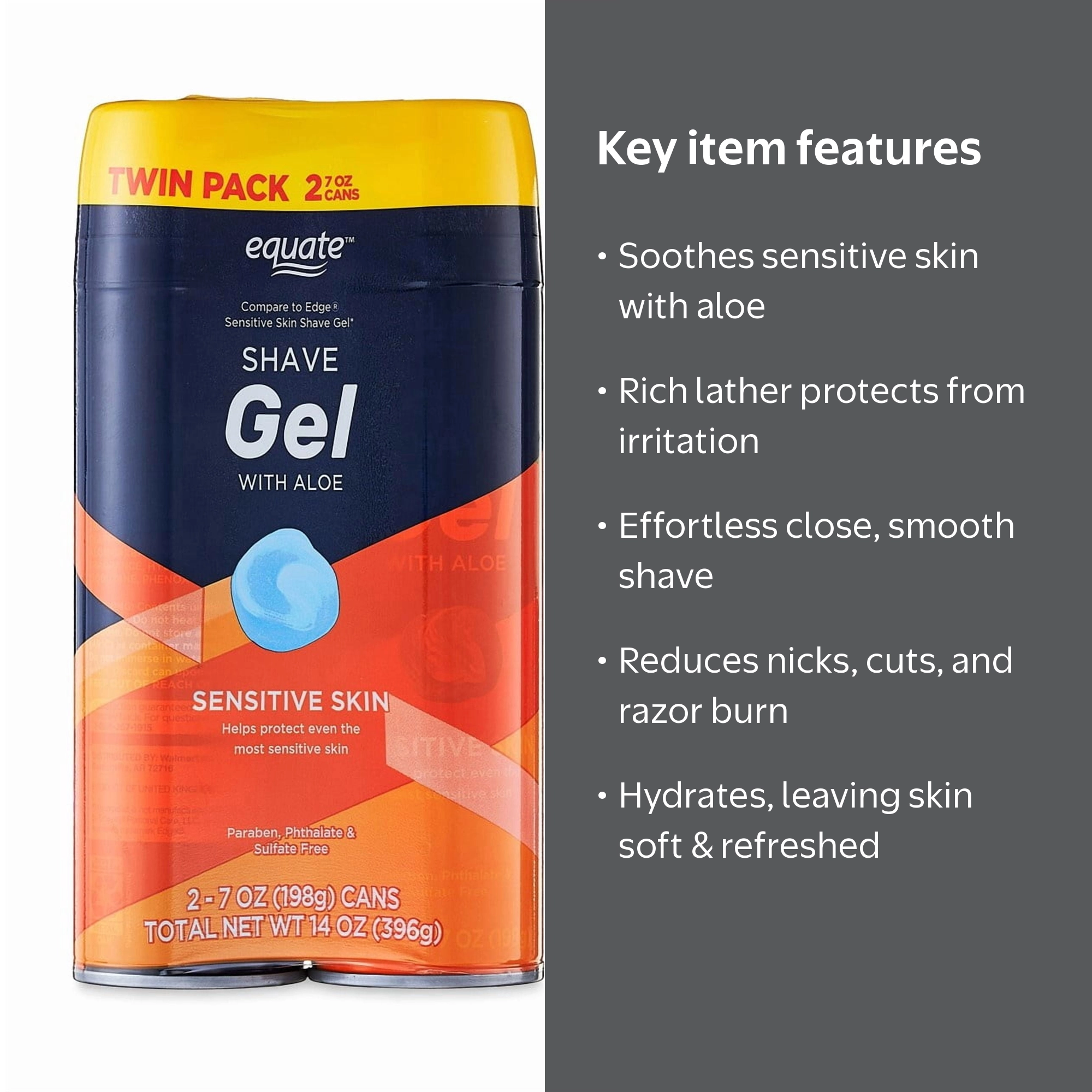 Equate Sensitive Skin Shave Gel with Aloe, Twin Pack, 7 oz, 2