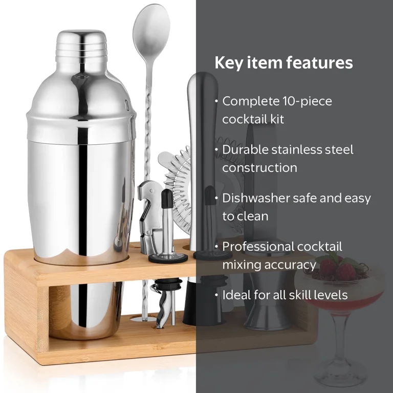 Vesteel Cocktail Shaker Set, 10Pcs Mixology Bartender Kit with Bamboo Stand, Bar Tool Set for Cocktail with Shaker, Jigger & Muddler, Bar Set