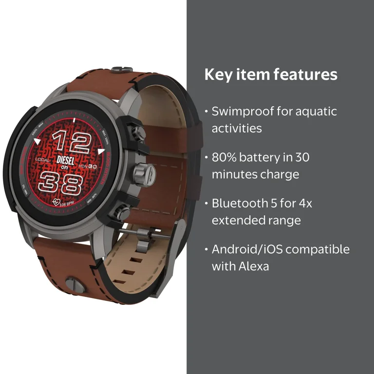 Diesel DZT2043 Griffed Gen 6 Brown Leather Strap Mens Alexa GPS
