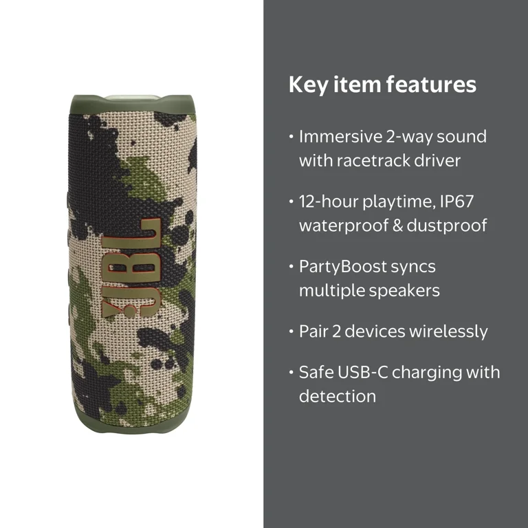 JBL FLIP 6 迷彩 ワイヤレススピーカー JBL, Flip 6 Portable Waterproof Speaker, 2-Way Driver System