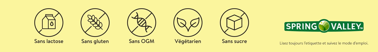 Sans lactose Sans gluten Sans OGM Végétarien Sans sucre