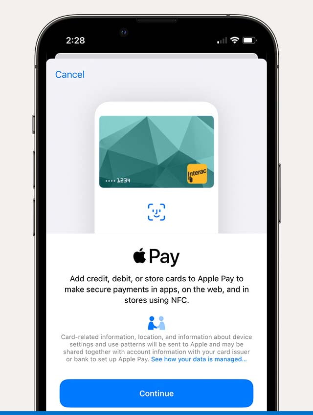 Add a card to the Wallet app on your Apple device.