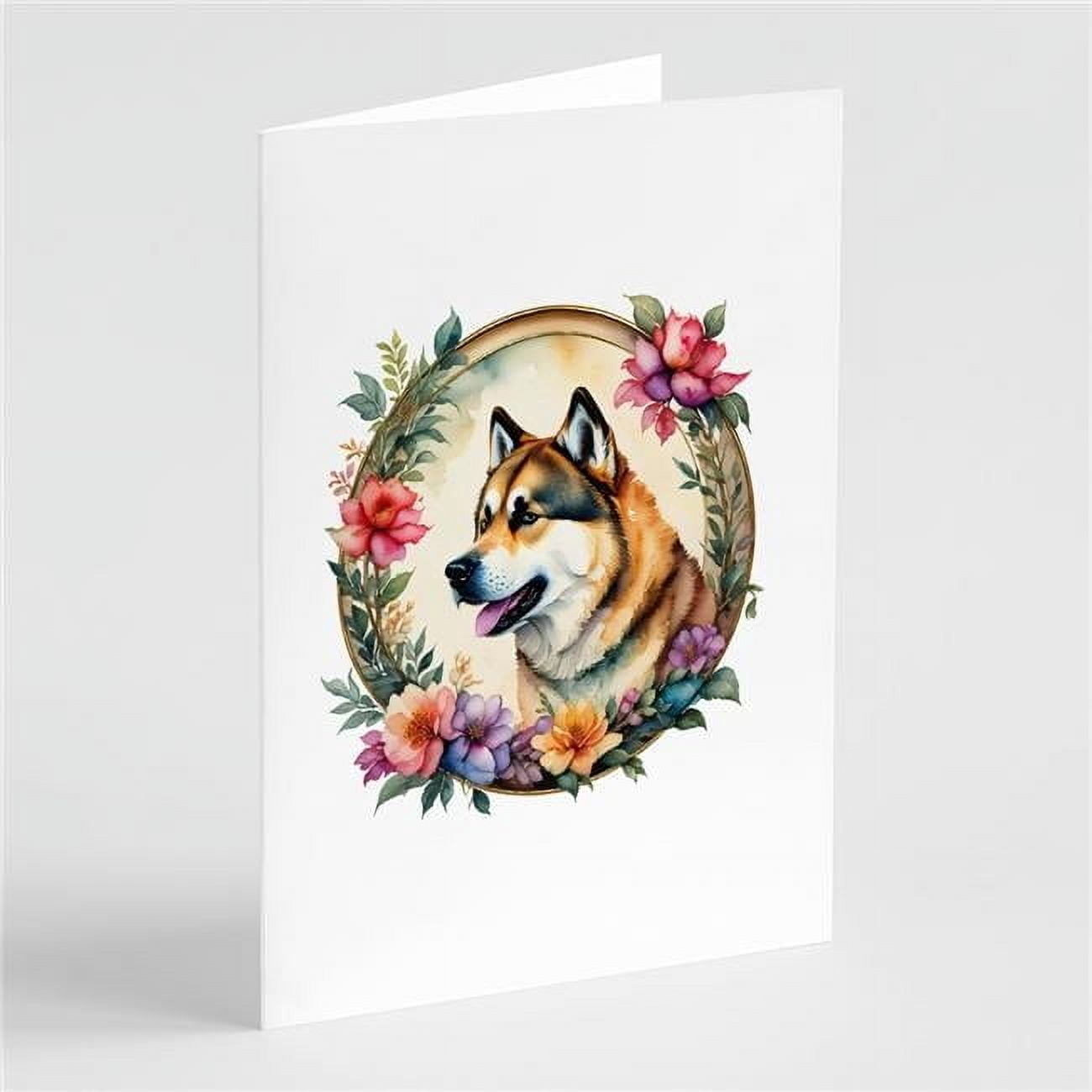 0.01 x 5 x 7 in. Akita & Flowers Greeting Cards & Envelopes - Pack of 8