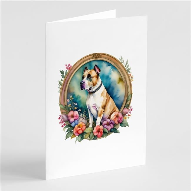 0.01 x 5 x 7 in. American Staffordshire Terrier & Flowers Greeting Cards & Envelopes - Pack of 8