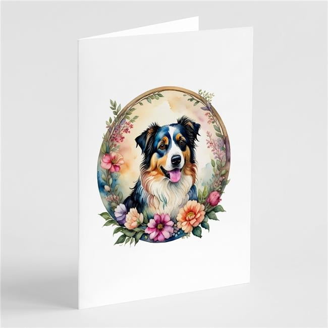 0.01 x 5 x 7 in. Australian Shepherd & Flowers Greeting Cards & Envelopes - Pack of 8