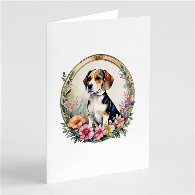 0.01 x 5 x 7 in. Beagle & Flowers Greeting Cards & Envelopes - Pack of 8