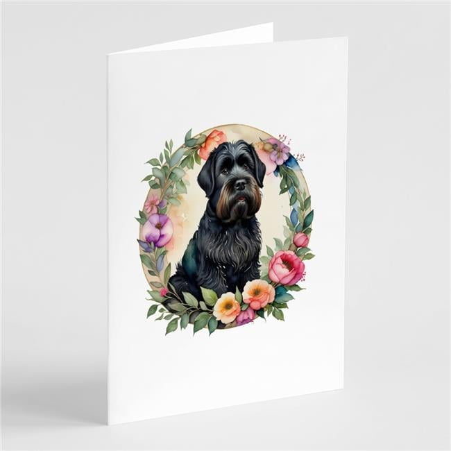 0.01 x 5 x 7 in. Black Russian Terrier & Flowers Greeting Cards & Envelopes - Pack of 8