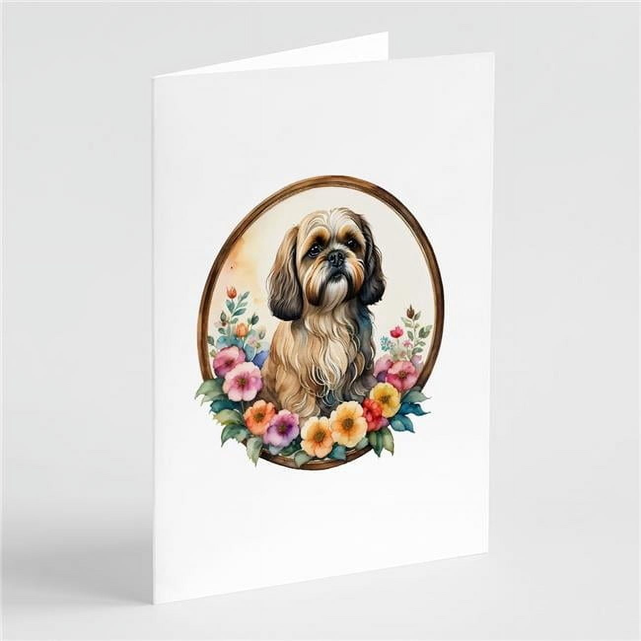 0.01 x 5 x 7 in. Lhasa Apso & Flowers Greeting Cards & Envelopes - Pack of 8