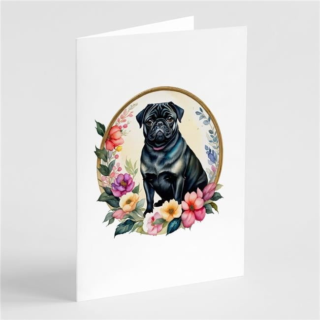 0.01 x 5 x 7 in. Pug & Flowers Greeting Cards & Envelopes, Black - Pack of 8