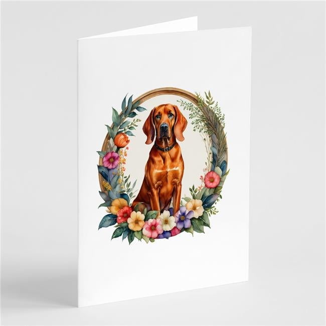 0.01 x 5 x 7 in. Redbone Coonhound & Flowers Greeting Cards & Envelopes - Pack of 8