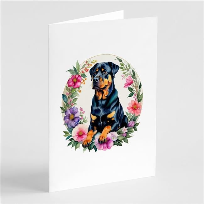 0.01 x 5 x 7 in. Rottweiler & Flowers Greeting Cards & Envelopes - Pack of 8