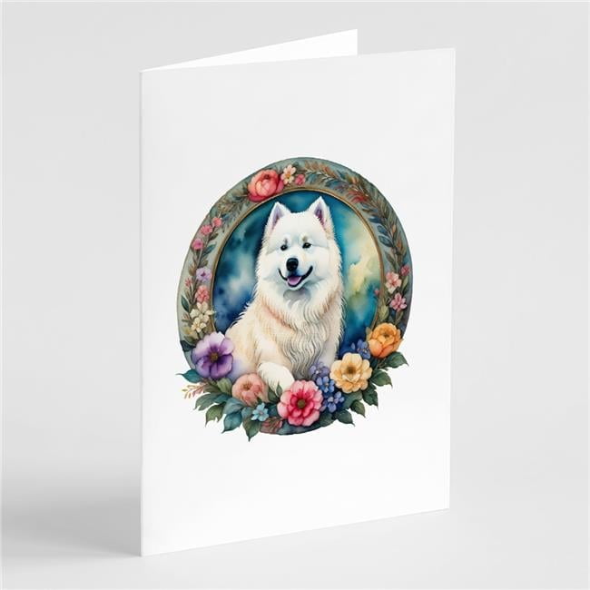 0.01 x 5 x 7 in. Samoyed & Flowers Greeting Cards & Envelopes - Pack of 8