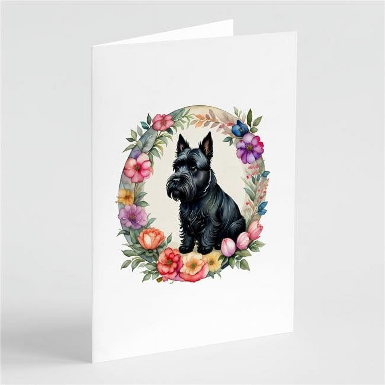 0.01 x 5 x 7 in. Scottish Terrier & Flowers Greeting Cards & Envelopes - Pack of 8