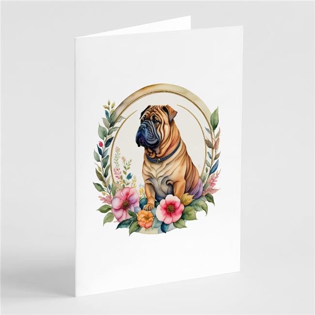 0.01 x 5 x 7 in. Shar Pei & Flowers Greeting Cards & Envelopes - Pack of 8