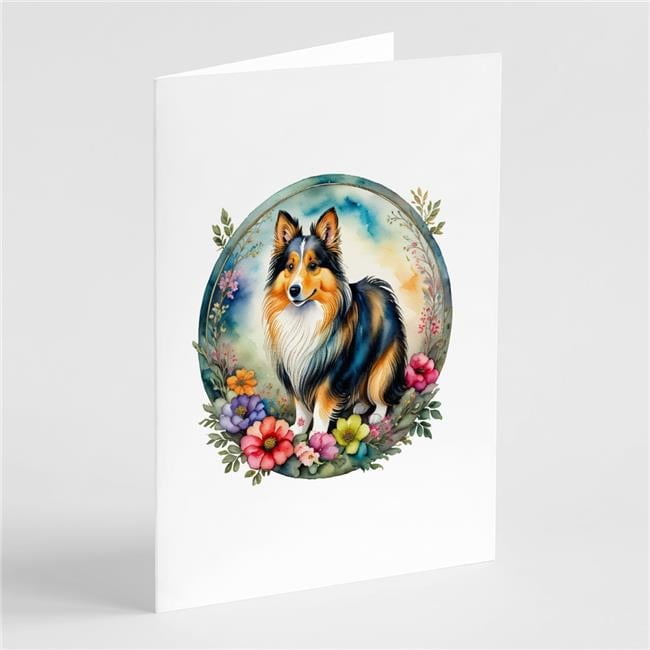 0.01 x 5 x 7 in. Sheltie & Flowers Greeting Cards & Envelopes, Pack of 8