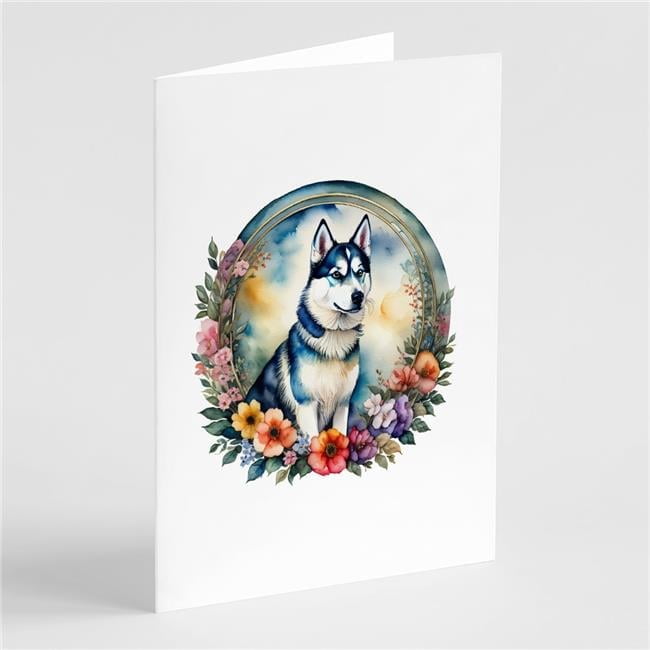 0.01 x 5 x 7 in. Siberian Husky & Flowers Greeting Cards & Envelopes, Pack of 8