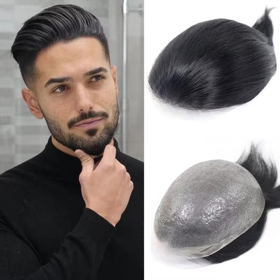 0.02-0.04mm Full PU Ultra Thin Skin Men Toupee Human Hair Natural Hairline #1B Black Poly Male Wig Units Replacement System Hair Prosthesis