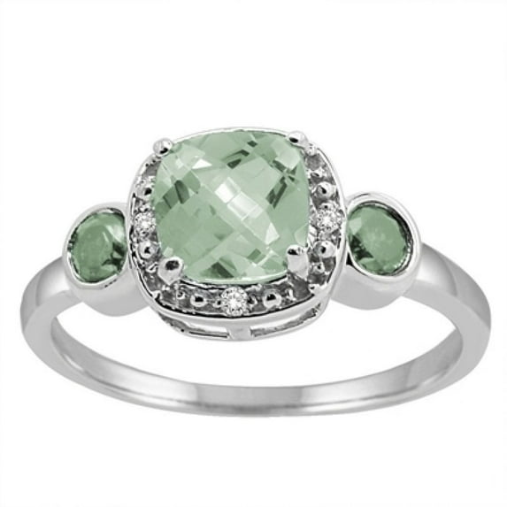 0.02 Carat Cushion Cut Green Amethyst and Diamond Ring in 10K White Gold