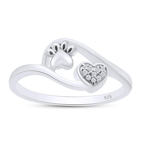 AFFY 0.03CT Natural White Diamond Accent Puppy Pet Paw Print Heart Ring For Women in 14K White Gold over Silver-8.5