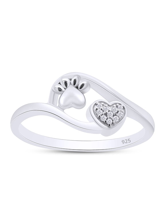 0.03 CT Round Cut Natural White Diamond Accent Puppy Pet Paw Print Heart Ring For Women In 14K White Gold Plated 925 Sterling Silver (0.03 Cttw)-9.5