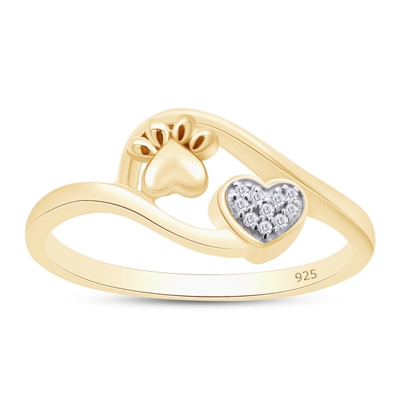 AFFY 0.03CT Natural White Diamond Accent Puppy Pet Paw Print Heart Ring For Women in 14K Yellow Gold over Silver-14