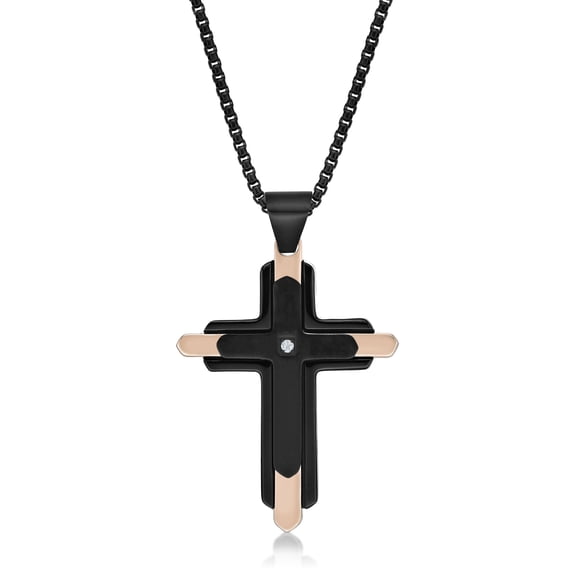0.03 Carat Diamond Black and Rose Ion Plated Stainless Steel Cross Pendant - 24 Inch Round Box Chain