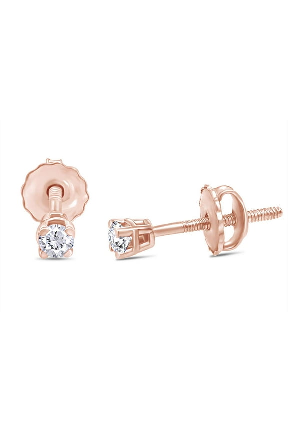 0.04 Carat (Cttw) Round Cut White Natural Diamond Accents 4-Prong Screw Back Solitaire Stud Earrings In 14k Rose Gold Over Sterling Silver Jewelry For Women