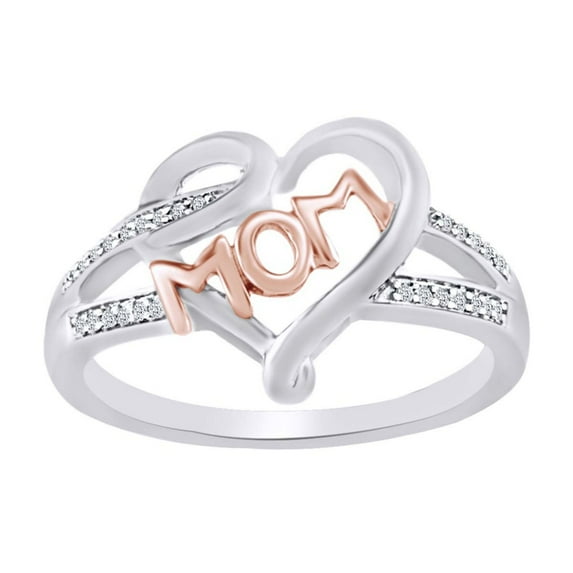 AFFY 0.05 Cttw Round Cut Natural Diamond Two Tone Mom Heart Ring In 10k Solid White Gold-11.5