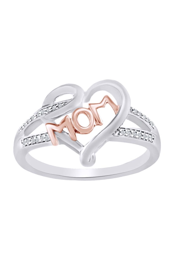 0.05 Cttw Round Cut Natural Diamond Two Tone Mom Heart Ring In 10k Solid White Gold-8.5