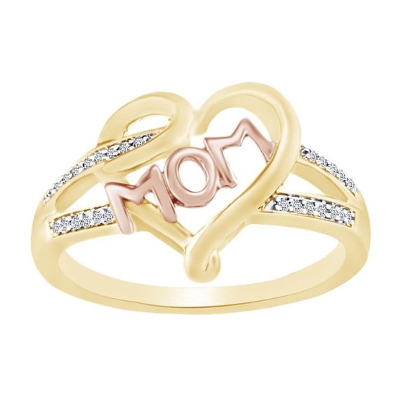 AFFY 0.05 Cttw Round Cut Natural Diamond Two Tone Mom Heart Ring In 10k Solid Yellow Gold-6.5