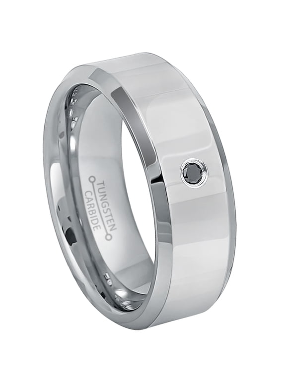 0.05ct Black Diamond Tungsten Ring - 8mm Polished Beveled Tungsten Carbide Wedding Ring Mens Anniversary Band - #189s11