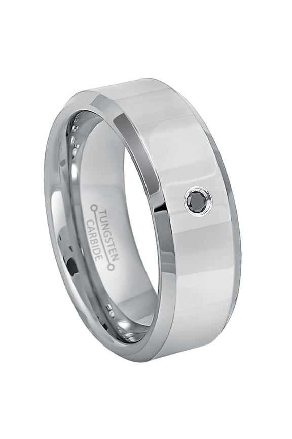 0.05ct Black Diamond Tungsten Ring - 8mm Polished Beveled Tungsten Carbide Wedding Ring Mens Anniversary Band - #189s11