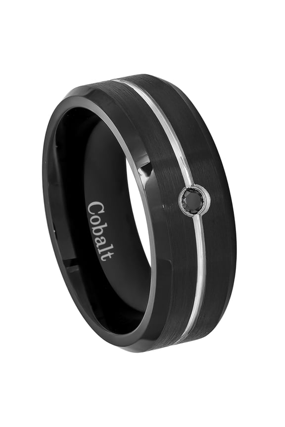 0.05ctw Black Diamond Cobalt Ring - 8mm Grooved Black Cobalt Chrome Mens Beveled Wedding Band Anniversary Ring