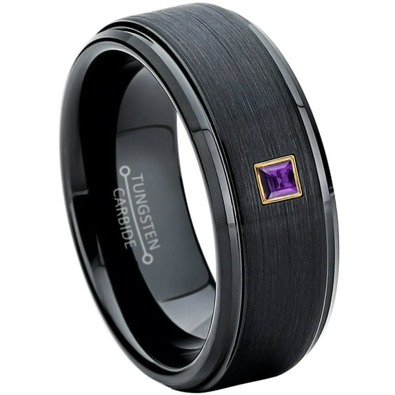 0.05ctw Princess Cut Amethyst Tungsten Ring - 8MM Brushed Black IP Stepped Edge Tungsten Carbide Wedding Band - February Birthstone Ring - 14kt Yellow Gold Bezel - TN083PSG-1AMTs6