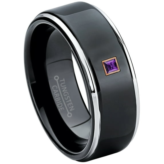 0.05ctw Princess Cut Amethyst Tungsten Ring - 8MM Polished Black IP Stepped Edge Tungsten Carbide Wedding Band - February Birthstone Ring - 14kt Rose Gold Bezel - TN118PSRG-1AMTs11