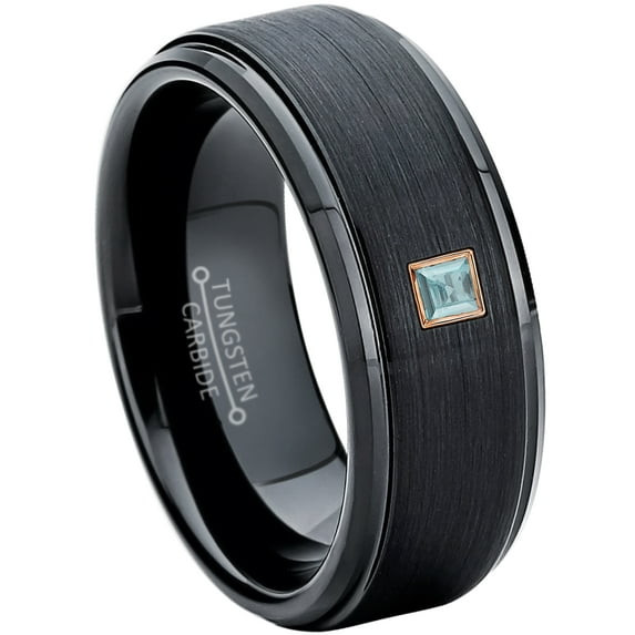 0.05ctw Princess Cut Aquamarine Tungsten Ring - 8MM Brushed Black IP Stepped Edge Tungsten Carbide Wedding Band - March Birthstone Ring - 14kt Rose Gold Bezel - TN083PSRG-1AQMs11