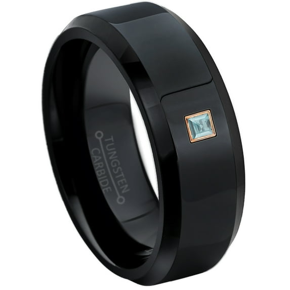 0.05ctw Princess Cut Aquamarine Tungsten Ring - 8MM Polished Black IP Beveled Edge Tungsten Carbide Wedding Band - March Birthstone Ring - 14kt Rose Gold Bezel - TN084PSRG-1AQMs7