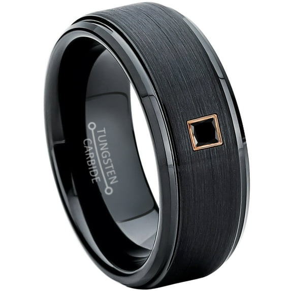 0.05ctw Princess Cut Black Diamond Tungsten Ring - 8MM Brushed Black IP Stepped Edge Tungsten Carbide Wedding Band - April Birthstone Ring - 14kt Rose Gold Bezel - TN083PSRG-1BDs11