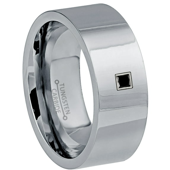 0.05ctw Princess Cut Black Diamond Tungsten Ring - 9MM Polished Finish Pipe Cut Tungsten Carbide Wedding Band - April Birthstone Ring - 14kt White Gold Bezel - TN066PS-1BDs11.5