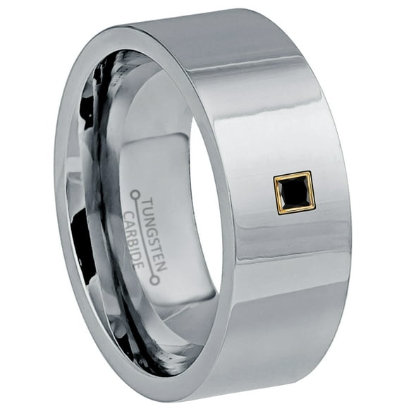 0.05ctw Princess Cut Black Diamond Tungsten Ring - 9MM Polished Finish Pipe Cut Tungsten Carbide Wedding Band - April Birthstone Ring - 14kt Yellow Gold Bezel - TN066PSG-1BDs15