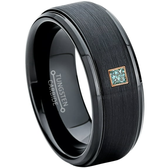 0.05ctw Princess Cut Blue Diamond Tungsten Ring - 8MM Brushed Black IP Stepped Edge Tungsten Carbide Wedding Band - April Birthstone Ring - 14kt Rose Gold Bezel - TN083PSRG-1BLDs12