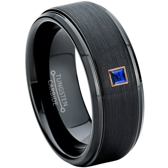 0.05ctw Princess Cut Blue Sapphire Tungsten Ring - 8MM Brushed Black IP Stepped Edge Tungsten Carbide Wedding Band - September Birthstone Ring - 14kt Rose Gold Bezel - TN083PSRG-1SPs12